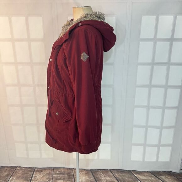 Hollister Maroon Fur Lined Zip-Up Snap Stretch Parka Jacket Size Large - Picture 6 of 9